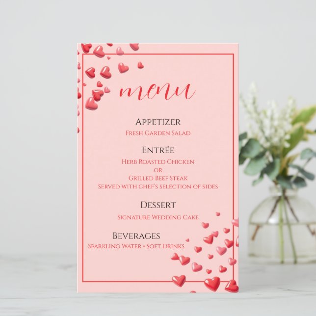 Rote-Herzen-Hochzeits-Menükarte (Stehend Vorderseite)