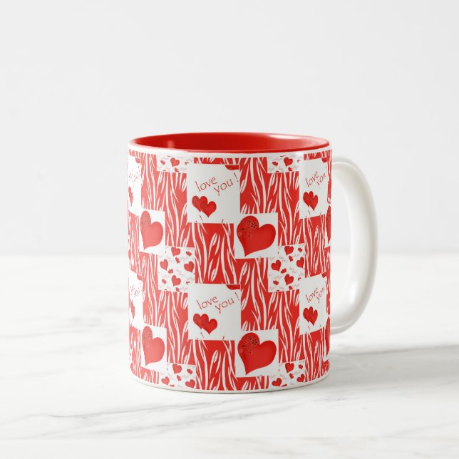 Rote Herzen, Liebe. Zweifarbige Tasse (VorderseiteRechts)