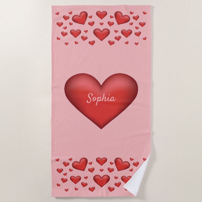 Rote Herzen mit personalisierbarem Text Strandtuch (Vorderseite)