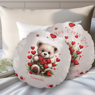 Rote Herzen Süßer Teddybär und Rosen Valentinstag Rundes Kissen