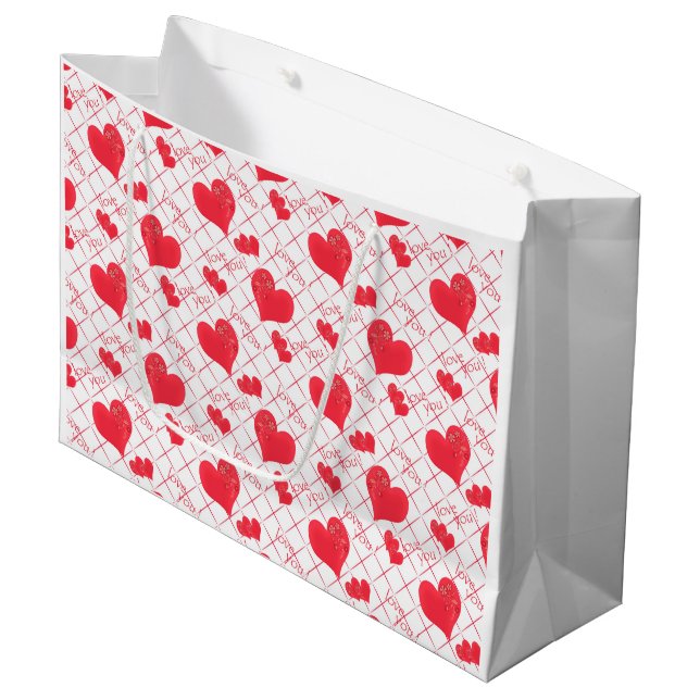 Rote Herzen, Text, "Liebe du" . Große Geschenktüte (Vorderseite Schrägansicht)
