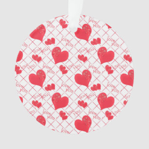 Rote Herzen, Text, "Liebe du", rot und weiß. Ornament