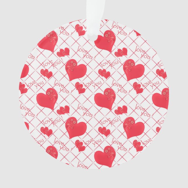 Rote Herzen, Text, "Liebe du", rot und weiß. Ornament (Vorderseite)
