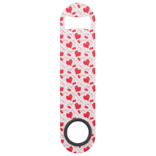 Rote Herzen, Text, "Liebe du", rot und weiß. Speed Flaschenöffner (Vorderseite)
