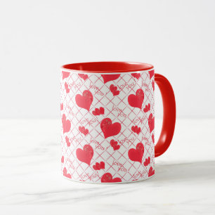 Rote Herzen, Text, "Liebe du", rot und weiß. Tasse
