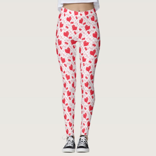 Rote Herzen, Text, "Liebe du", rot-weiß, Karo Leggings (Vorderseite)