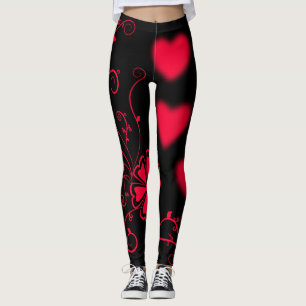 Rote Herzen, Weinberge und Blume auf Schwarz Leggings