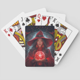Rote Hexe mit Kristallkugel und atemberaubendem Hi Spielkarten
