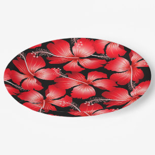 Rote Hibiskus-Blumen Pappteller