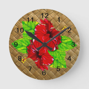 Rote Hibiskus Lauhala Wand-Uhr Runde Wanduhr