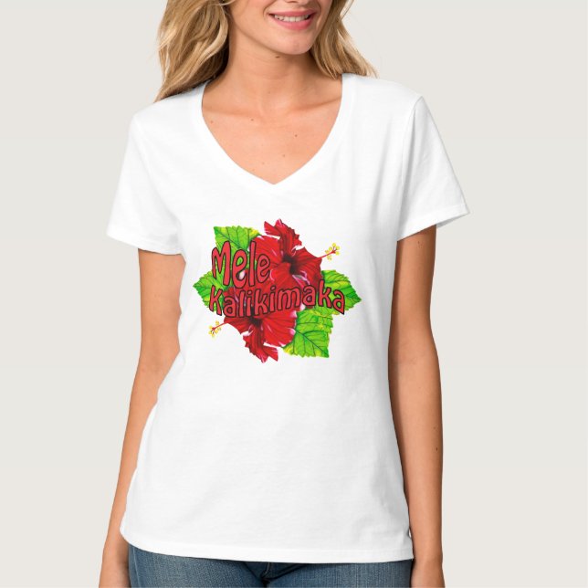 Rote Hibiskus Mele Kalikimaka WeihnachtsShirts T-Shirt (Vorderseite)