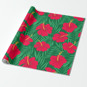 Rote Hibiskusblüten auf tropischem Blattmuster  Geschenkpapier