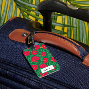 Rote Hibiskusblüten auf tropischen Blättern indivi Gepäckanhänger