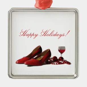Rote High Heel Schuhe und Roter Wein Silbernes Ornament