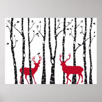 Rote Hirsche im Birkenwald Poster