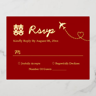 Rote Hochzeitsdestination Double Happiness RSVP Folie Einladungspostkarte