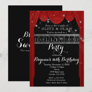 Rote HOLLYWOOD Vorhänge & silberne Party-Einladung Einladung