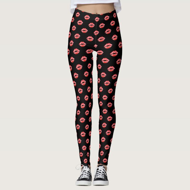 Rote Hosen Kuss des Lippendruck-Leggings-Schwarzen Leggings (Vorderseite)
