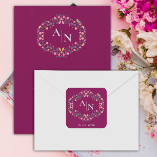Rote Hübsche Monogramm Niedlich-farbige Blumenhoch Quadratischer Aufkleber