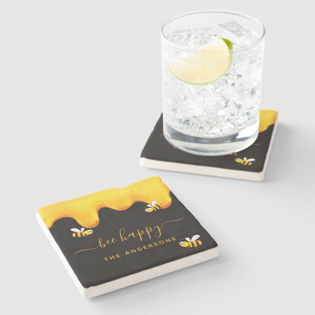 Rote Hummeln-Hummeln-Honig-Monogramm Steinuntersetzer (Seitenansicht)