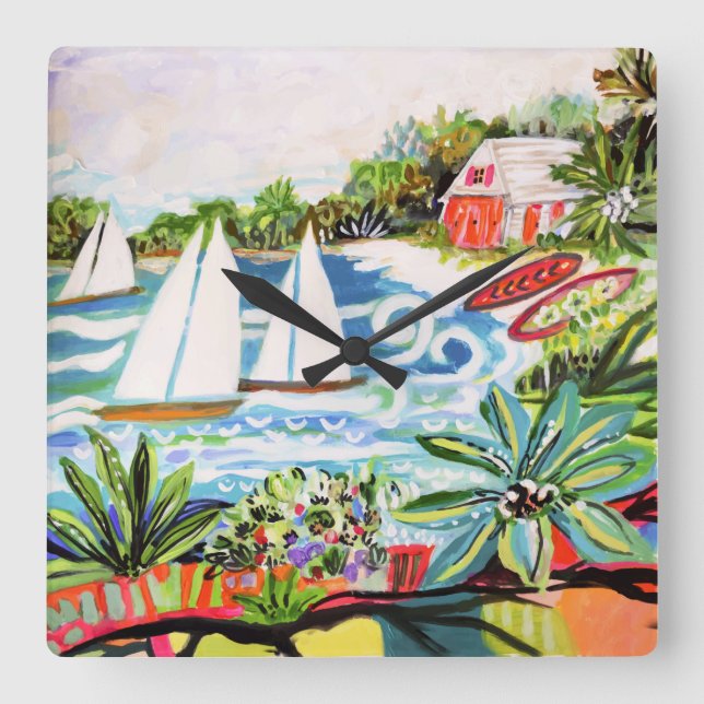 Rote Hütte an der Bucht II Quadratische Wanduhr (Vorderseite)