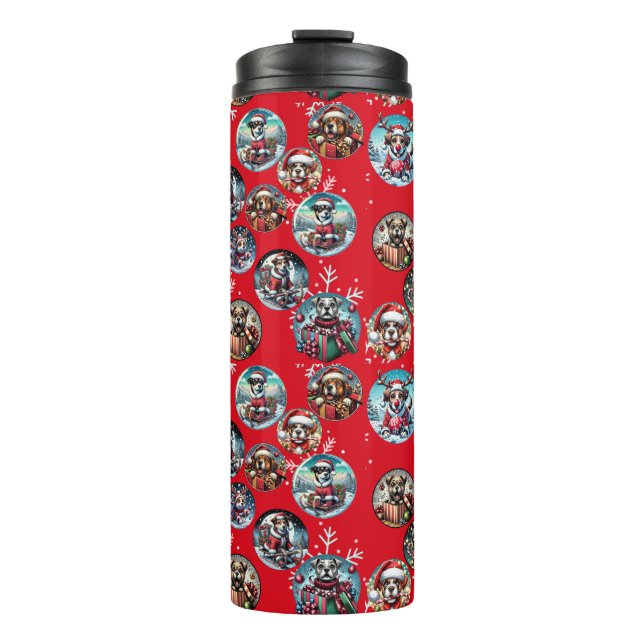 Rote illustre Schneeflocke und Hunde Weihnachtsges Thermosbecher (Vorderseite)