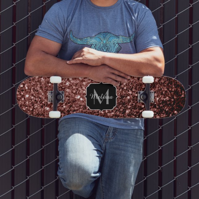 Rote Imitat Glitzer Glitzern Monogramm Skateboard (Außenbereich 3)
