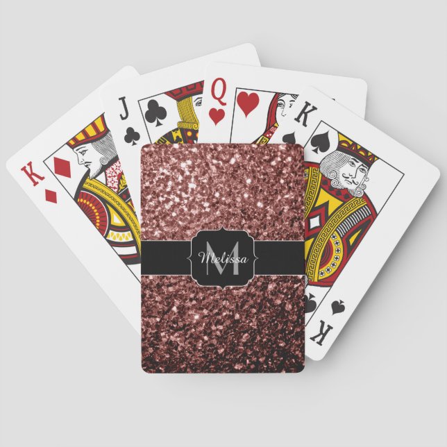 Rote Imitat Glitzer Glitzern Monogramm Spielkarten (Rückseite)