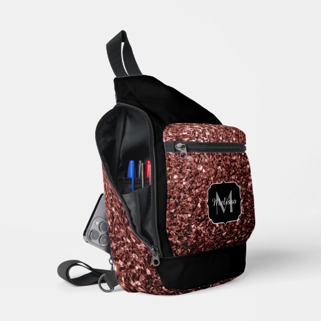 Rote Imitate Glitzer Glitzern Schwarze Monogramm Crossbody Bag (Offen)