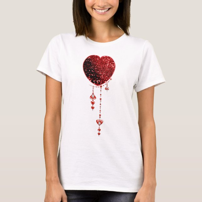 Rote Imitate Glitzer Herz und Herz Droplets T-Shirt (Vorderseite)
