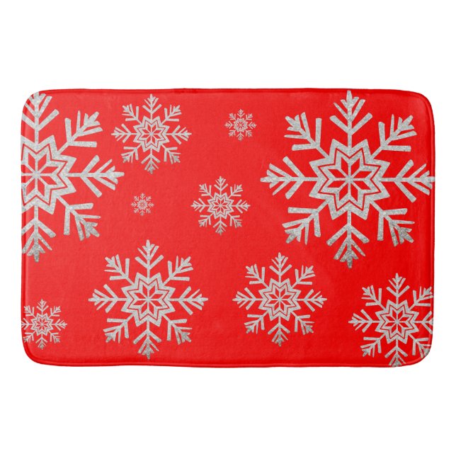 Rote Imitate Silver Glitzer Snowflake Bath Mat Badematte (Vorderseite)