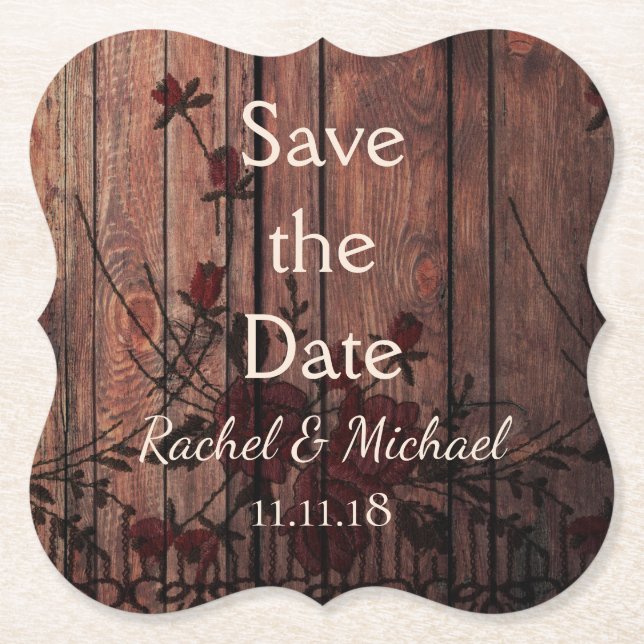 Rote Imitate Spitzen und Holz Save the Date Untersetzer (Vorderseite)
