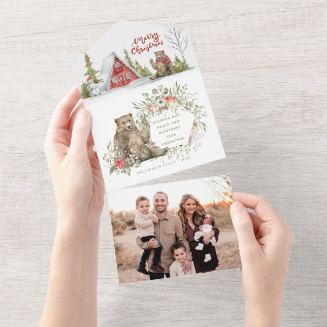 Rote Kabine im Wald mit Bären | Foto Weihnachten All In One Einladung (Abreißen)