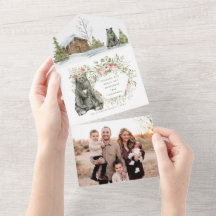 Rote Kabine im Wald mit Bären | Foto Weihnachten