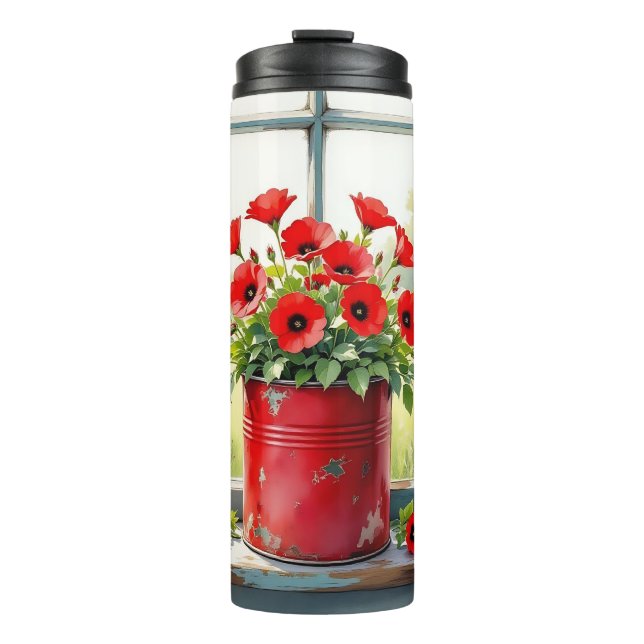 Rote Kaffeebüchse mit rotem Mohn Thermosbecher (Vorderseite)