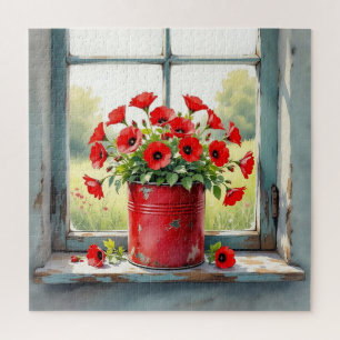 Rote Kaffeebüchse mit Roten Mohnblumen Puzzle