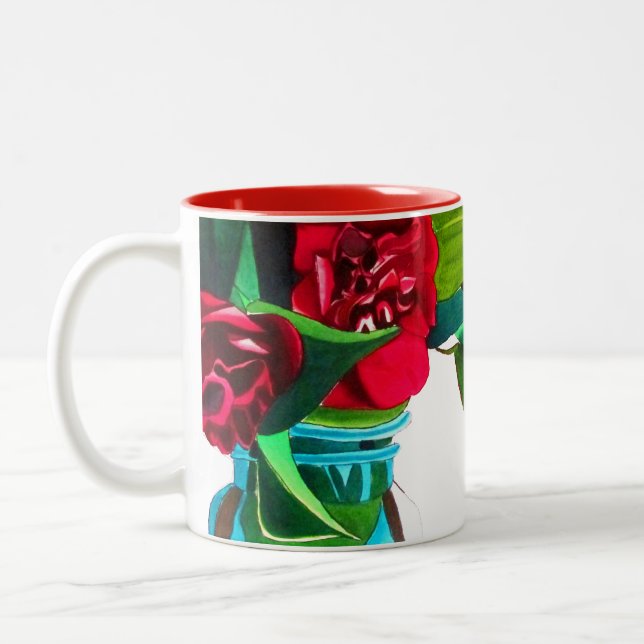 Rote Kamelien mit grüner Blattfarbe Aquarell Blume Zweifarbige Tasse (Links)