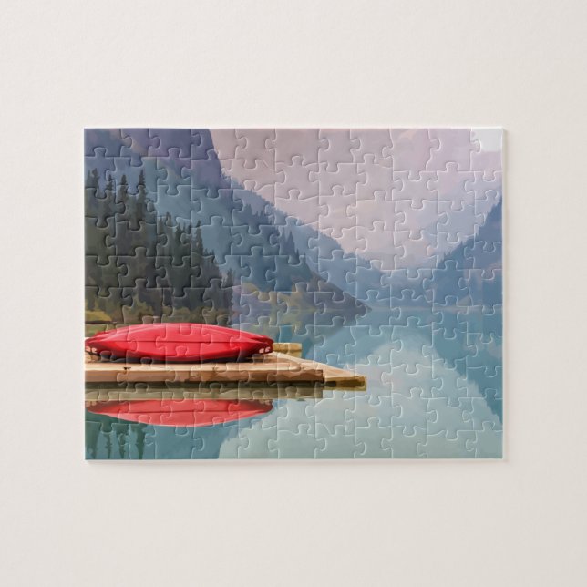 Rote Kanufahrt auf der ruhigen Bergsee Wilderness  Puzzle (Horizontal)