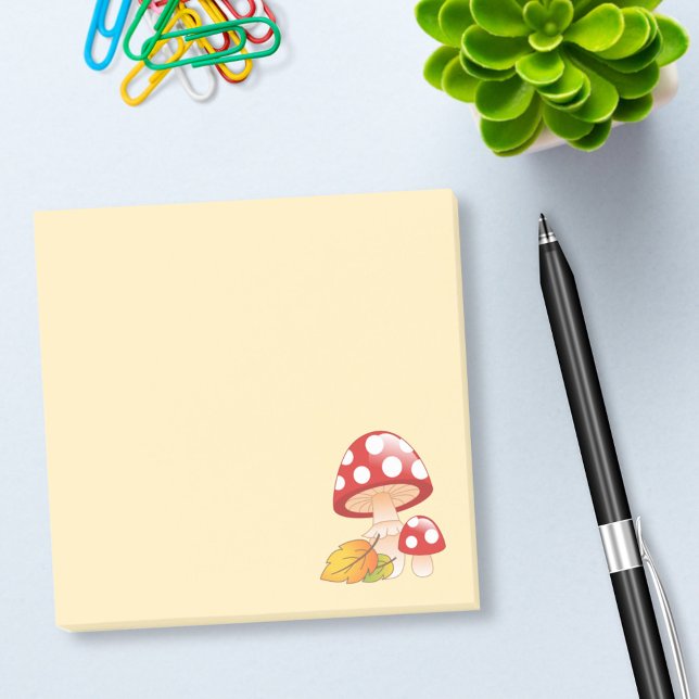 Rote Kappe Toadstool Pilze und Blätter auf Gelb Post-it Klebezettel (Von Creator hochgeladen)