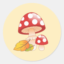 Rote Kappe Toadstool Pilze und Blätter auf Gelb Runder Aufkleber