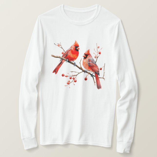 Rote Kardinal Vögel auf der Holly-Tree-Zweigstelle T-Shirt (Design vorne)