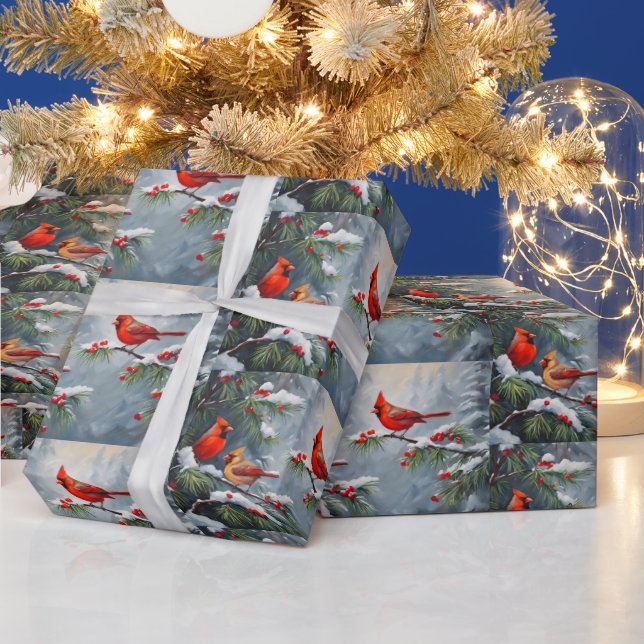 Rote Kardinal Vögel mit Waldbeeren Geschenkpapier (Feiertage)