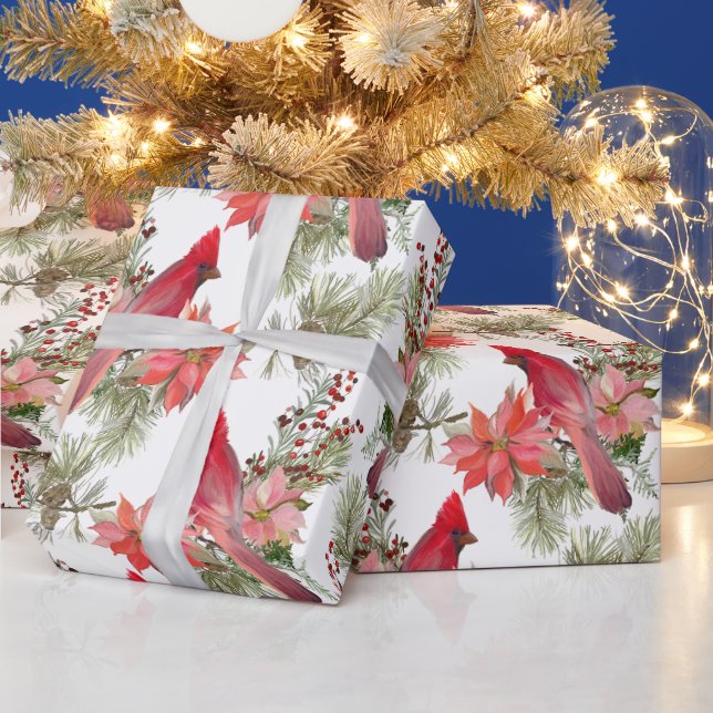 Rote Kardinäle, Beeren und Poinsettia Blume Geschenkpapier (Feiertage)