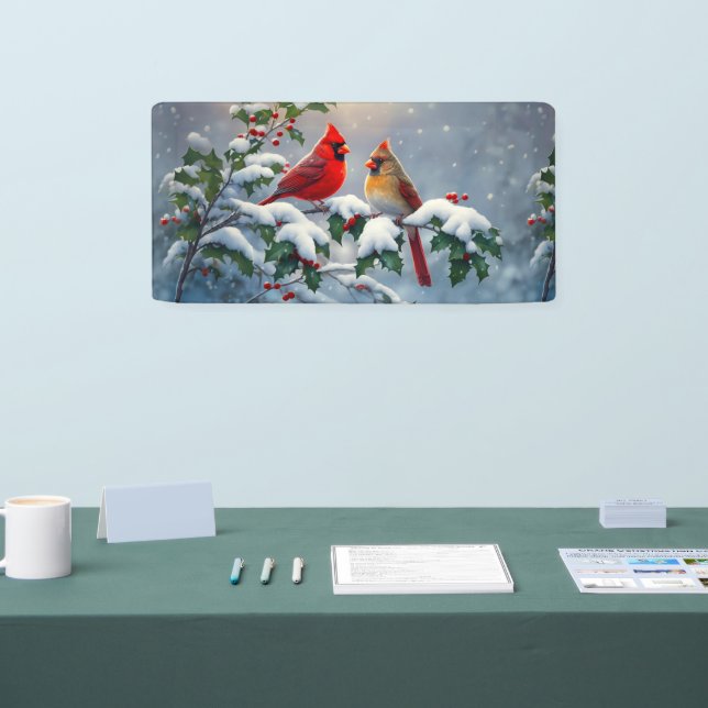Rote Kardinäle und Holly in Snow Banner (Messe)