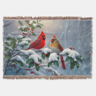 Rote Kardinäle und Holly in Snow Decke