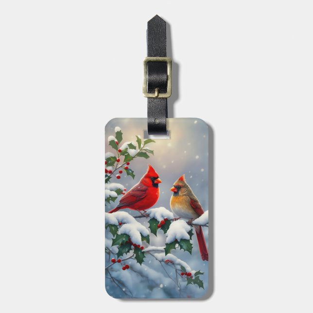 Rote Kardinäle und Holly in Snow Gepäckanhänger (Vorderseite vertikal)