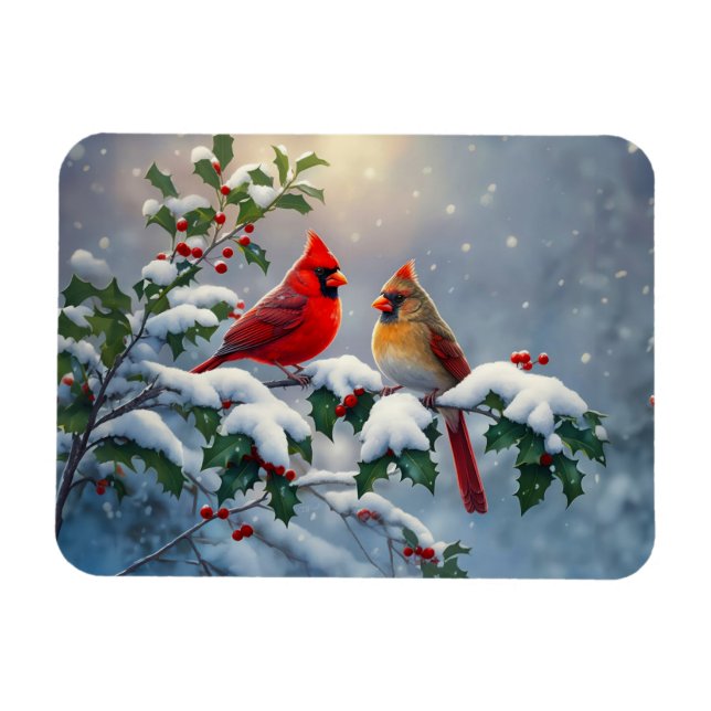 Rote Kardinäle und Holly in Snow Magnet (Horizontal)