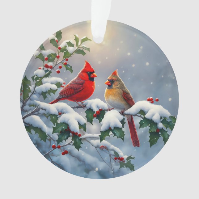 Rote Kardinäle und Holly in Snow Ornament (Vorderseite)