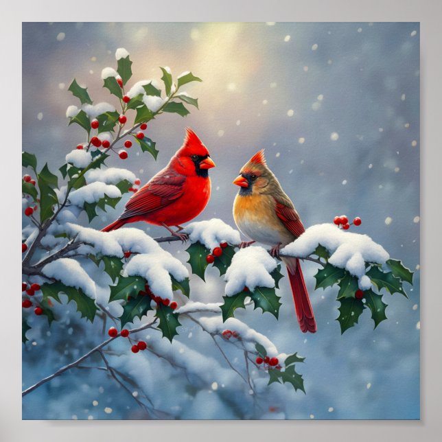 Rote Kardinäle und Holly in Snow Poster (Vorne)