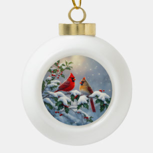 Rote Kardinäle und Stechpalme im Schnee Keramik Kugel-Ornament